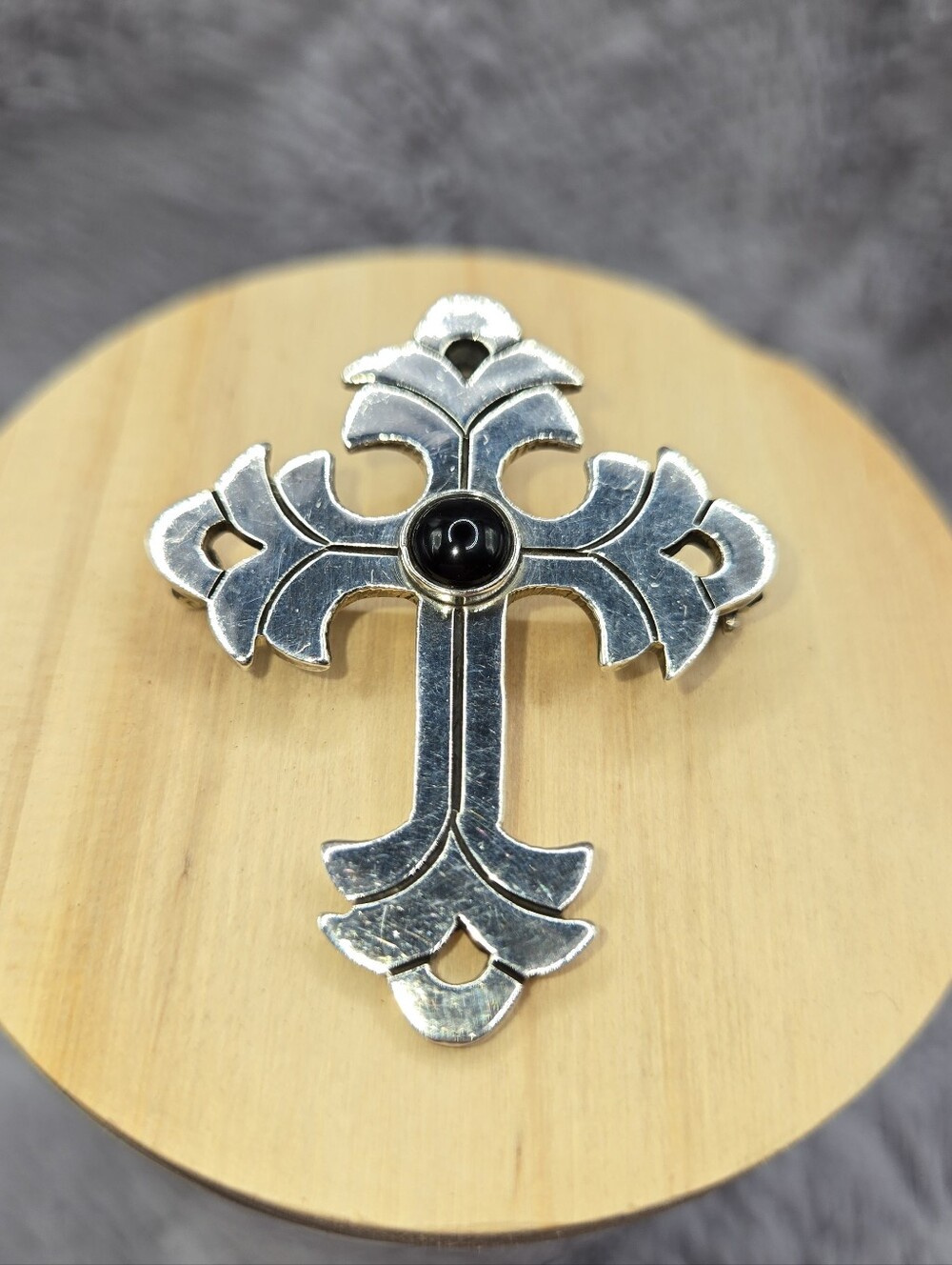 Sterling Silver Cross Brooch with Black Stone - With Bale To Convert To Necklace